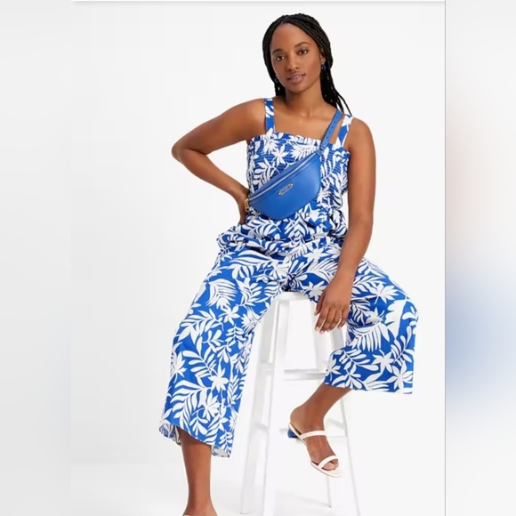 Tropical Foliage Smocked Jumpsuit - Picture 2 of 4